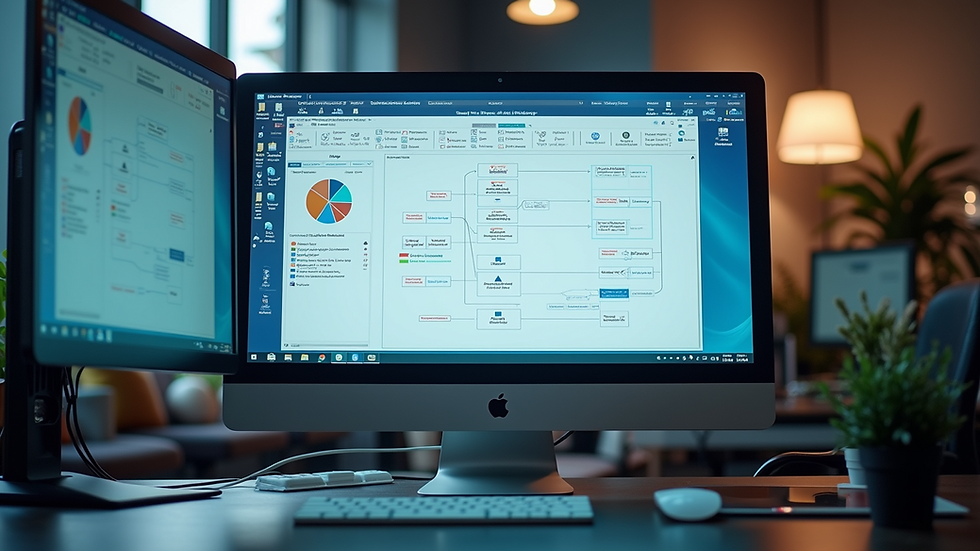 Eye-level view of a modern office workspace with multiple computer screens showing workflow diagrams
