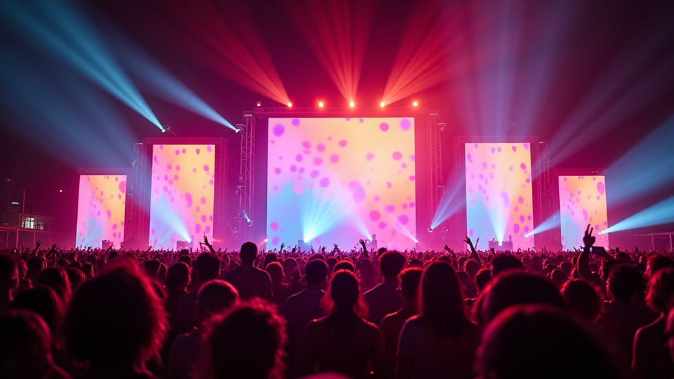 Wide angle view of a colorful LED video wall creating an immersive atmosphere at a music festival in South Florida