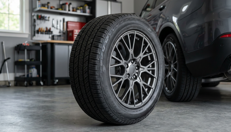 Eye-level view of a vehicle tire on a clean garage floor.
