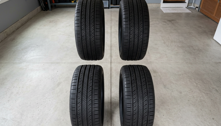 Overhead view of four new tires arranged on a clean concrete floor.