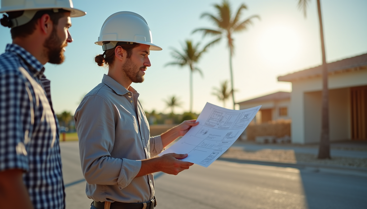 Close-up view of a contractor showing blueprints to a homeowner in Sunny Isles FL