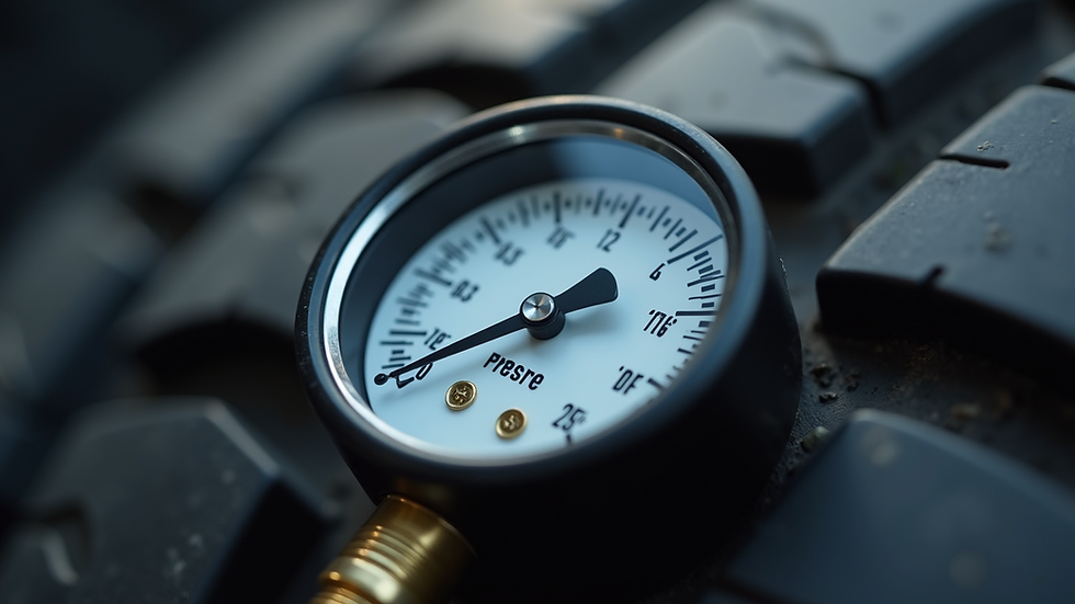Close-up view of a tire pressure gauge measuring tire pressure