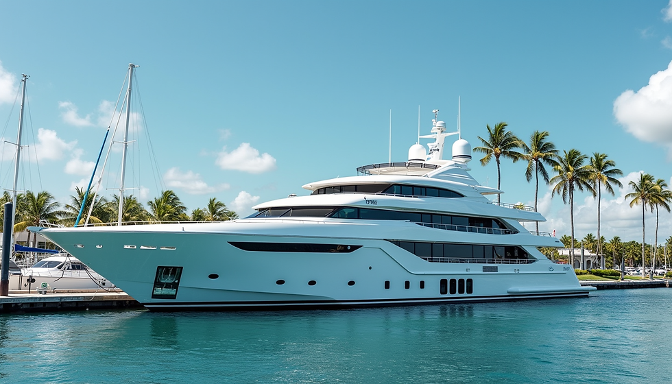 Eye-level view of a luxury yacht docked at a marina with palm trees and clear blue sky