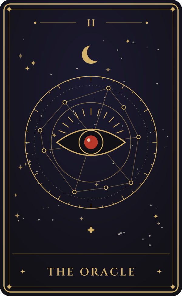 Tarot-style card: The Oracle, an eye inside a constellation wheel