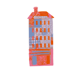 illustration of building on Sauchiehall Street with pinks, blues and oranges in a patchwork of fabrics 