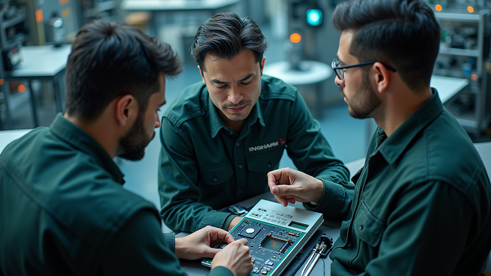 High angle view of engineers collaborating over advanced military hardware