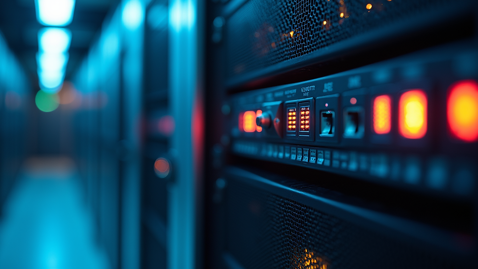 Close-up view of a network server rack with blinking lights in a data center