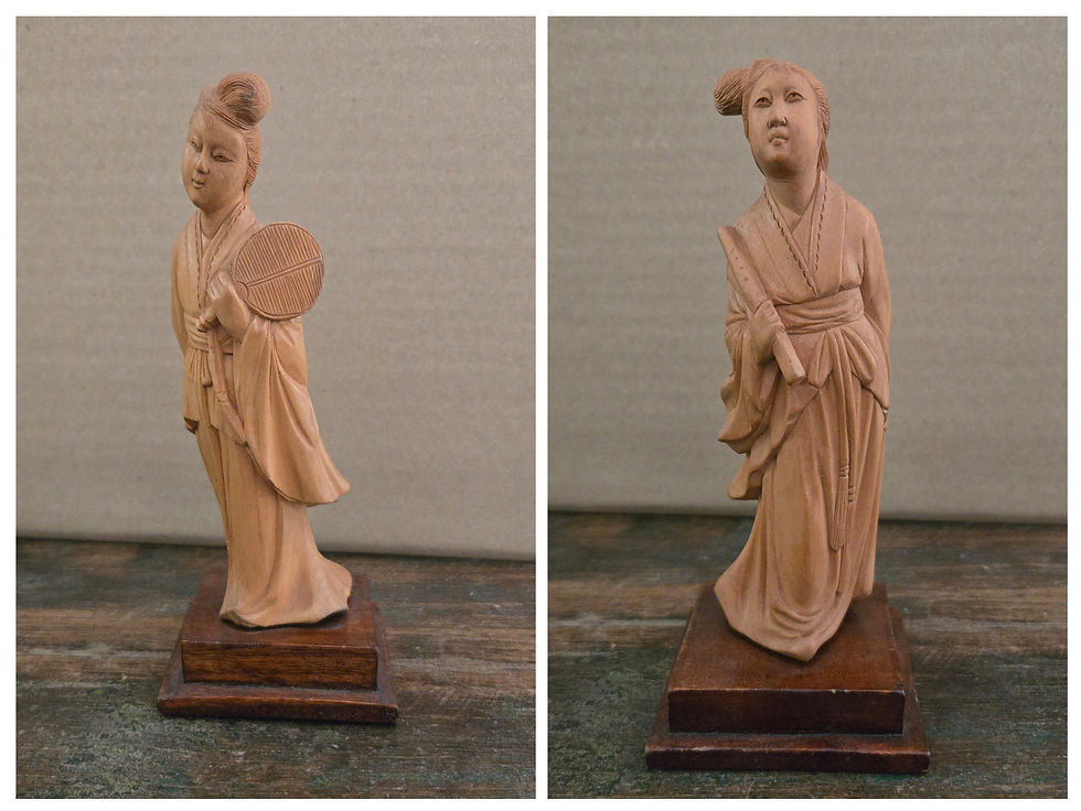 Thumbnail: Paar Vintage Chinese Buxushouten Beelden – Hofdames (18 cm)