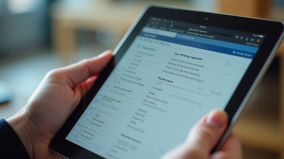 Close-up of a hand holding a tablet displaying a digital checklist for inspections