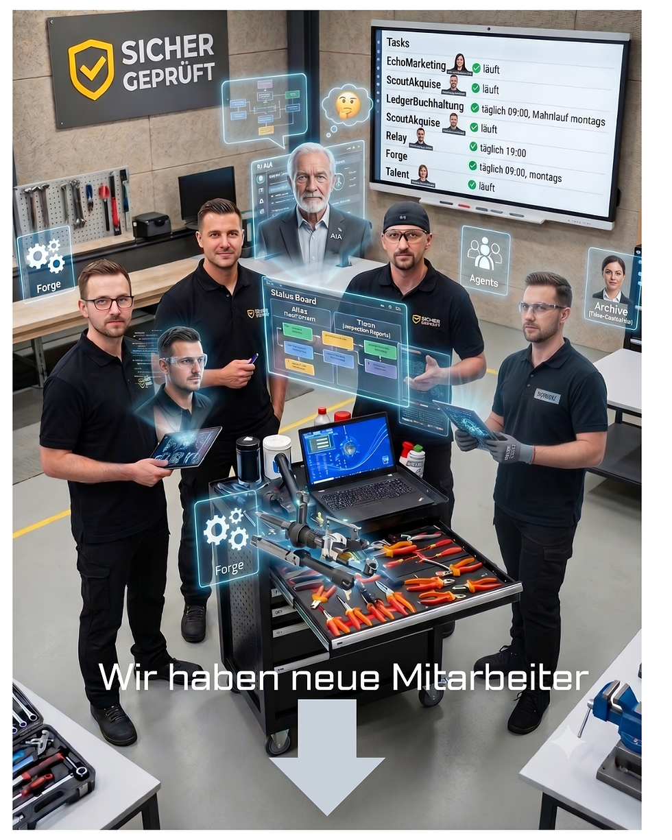 Das Hybrid-Team von Sicher Geprüft in einer modernen Prüfwerkstatt: Geschäftsführer Kai Telzerow im schwarzen Poloshirt umgeben von digital dargestellten KI-Mitarbeitern – darunter ein humanoider KI-Service-Avatar, Schwebende Hologramm-Displays mit Workflow-Prozessen (Atlas und Timm) und ein digitales Task-Board, das die verschiedenen KI-Agenten und ihre Aufgabenfelder zeigt.
