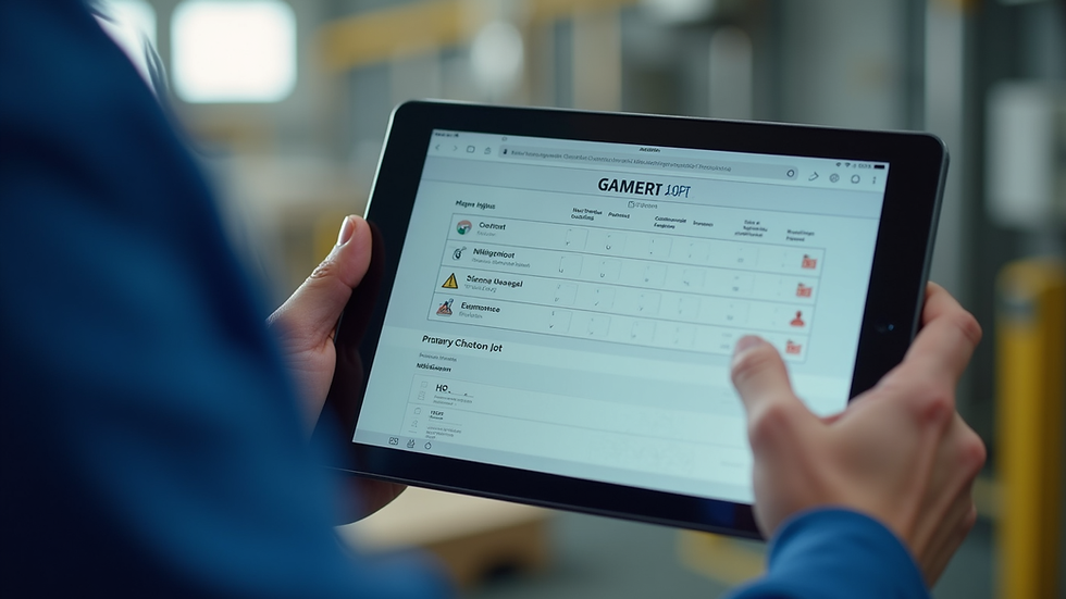 Close-up view of a digital tablet showing a safety checklist in an industrial environment