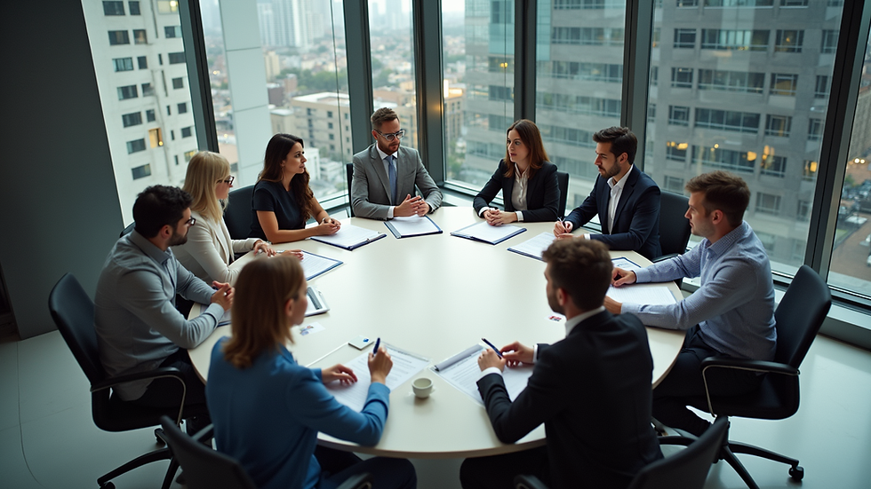 High angle view of a modern office meeting with people discussing documents
