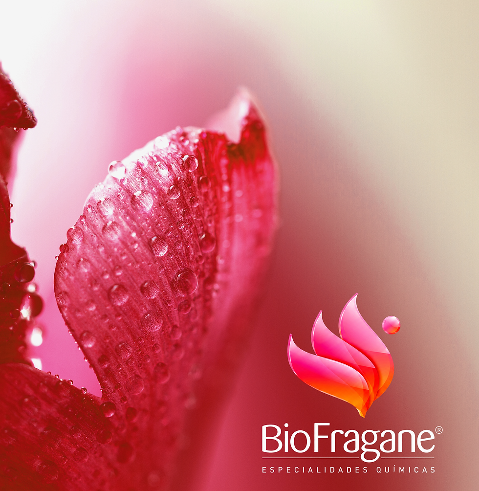 Logotipo BioFragane ao lado de pétala rosa com orvalho