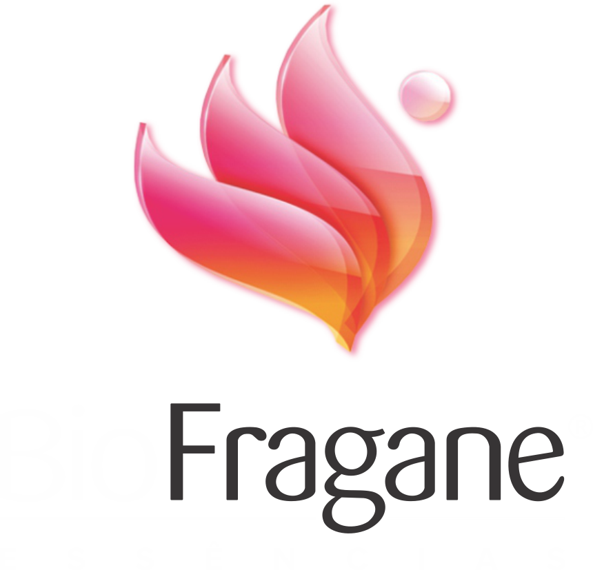 Logotipo BioFragane Essências com símbolo em tons de rosa e laranja.