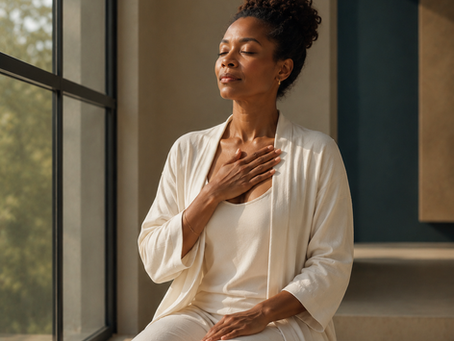 A Black woman stands in soft natural light, her gaze reflective and grounded, embodying the quiet strength of ancestral healing and generational health