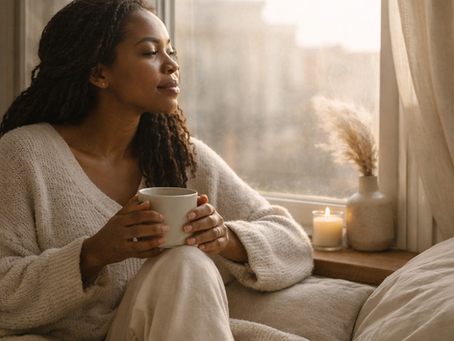 Black woman sitting by a window in soft morning light holding a mug, calm and relaxed during a quiet morning routine