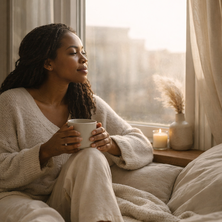 Black woman sitting by a window in soft morning light holding a mug, calm and relaxed during a quiet morning routine