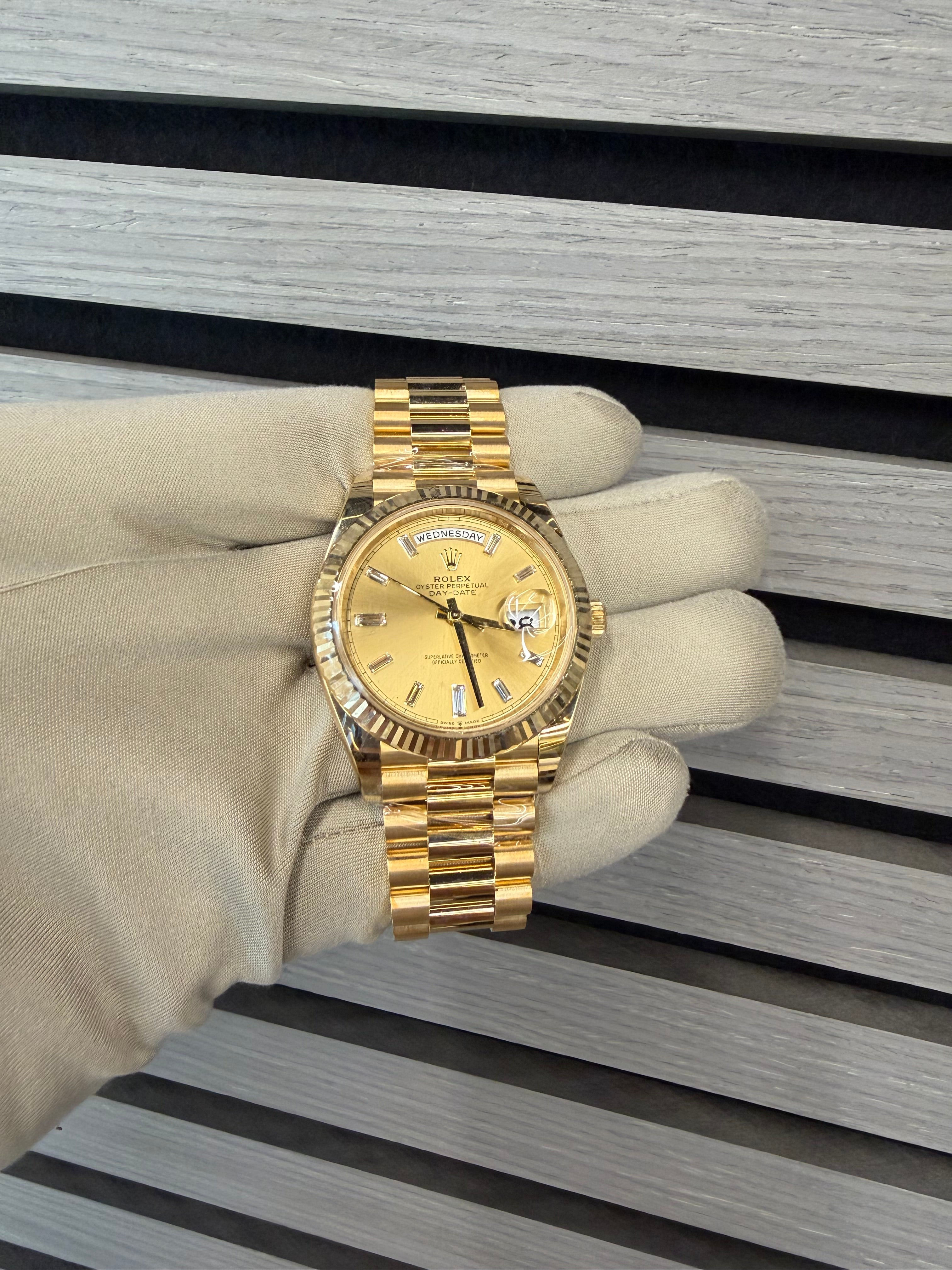 Rolex Day-Date 40mm Yellow Gold Champagne Baguette Dial 228238 2022 dial