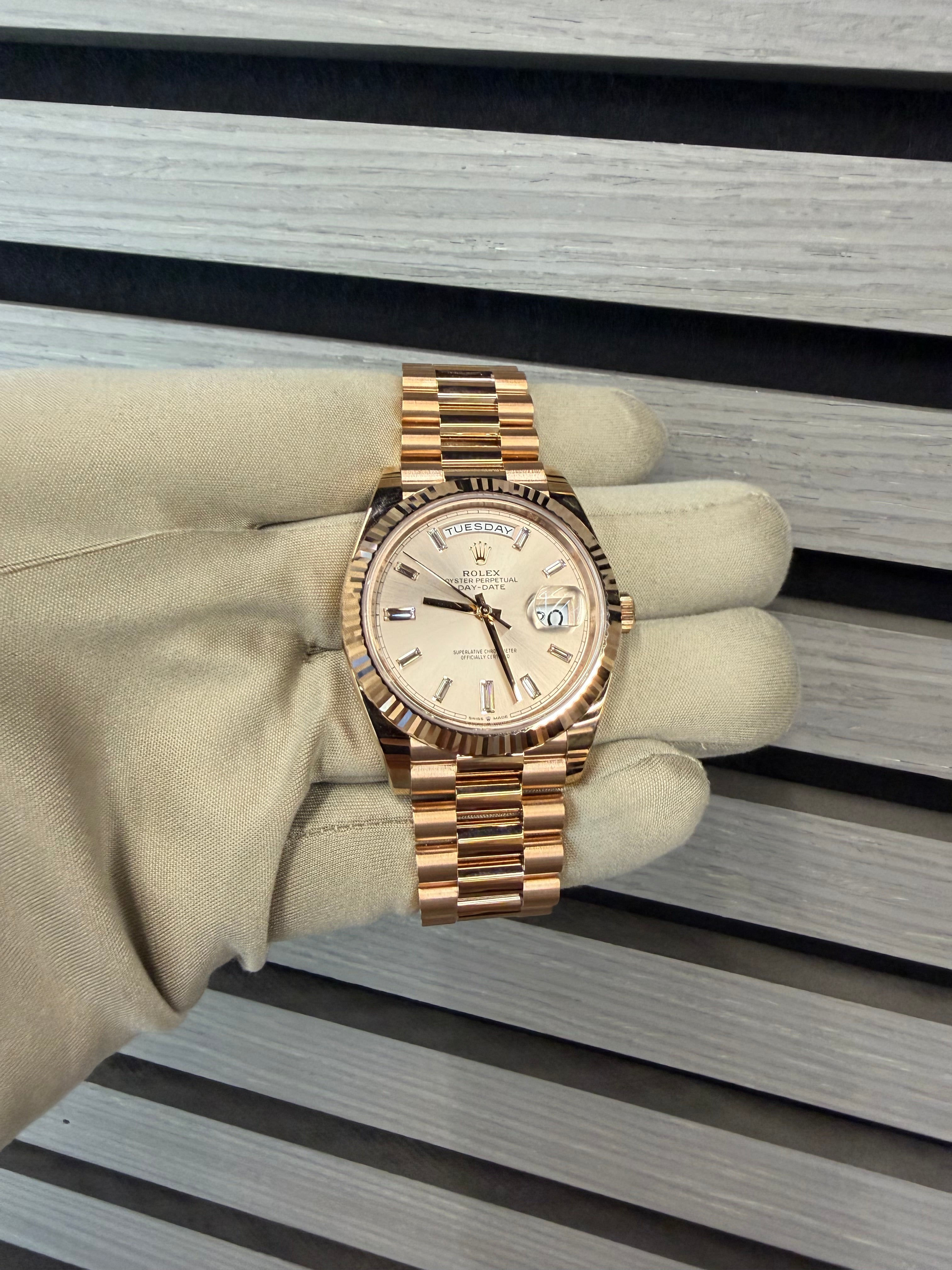 Rolex Day-Date 40mm Rose Gold Sundust Baguette Dial 228235 2023 dial