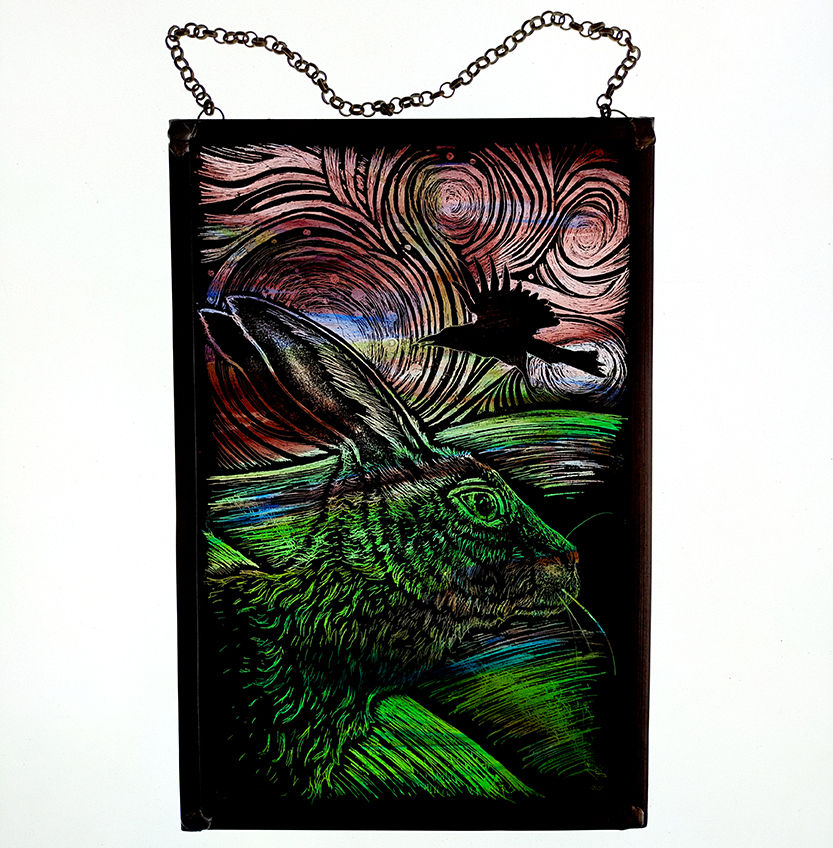 Thumbnail: Sgraffito Hare, handmade stained glass