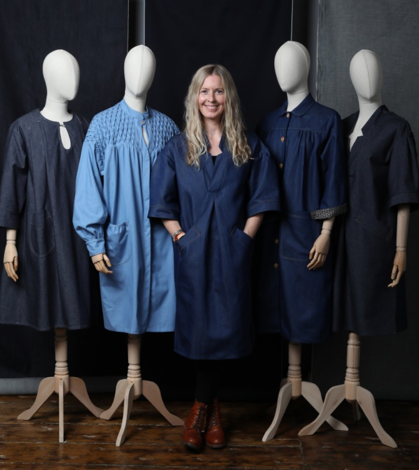 interview with smock works Louise with mannequins dressed in denim with prefabrication smocking
