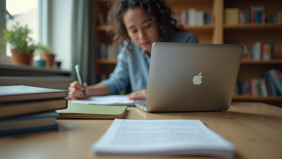 Eye-level view of a student studying with a laptop and books