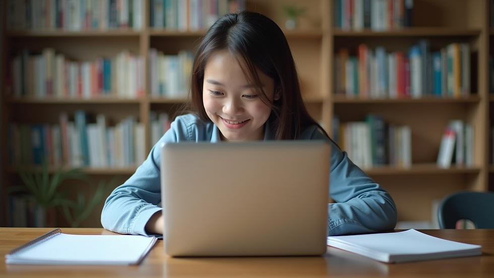 Eye-level view of a student studying with a laptop and books