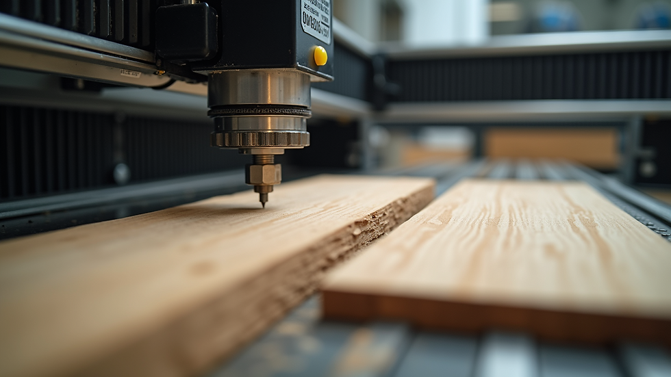 Close-up view of a CNC machine cutting wood for furniture