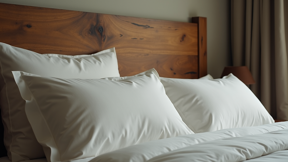 Close-up view of a hotel room bed with rustic wooden headboard and soft bedding