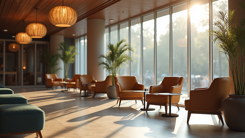 Eye-level view of a hotel lobby seating area with modern chairs and tables