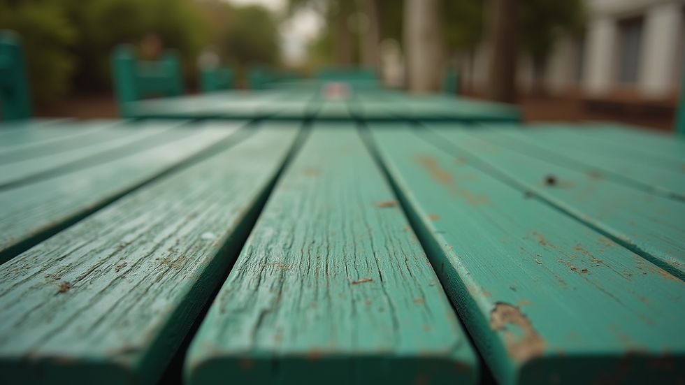 Close-up view of rustic green wooden table with natural texture