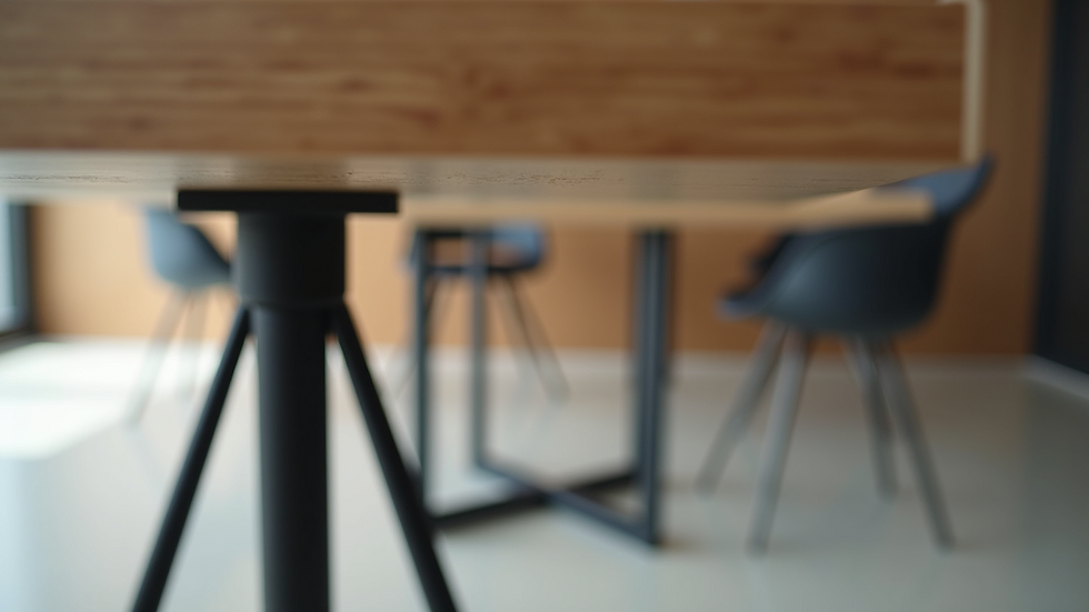 Eye-level view of a modern metal table base supporting a wooden tabletop