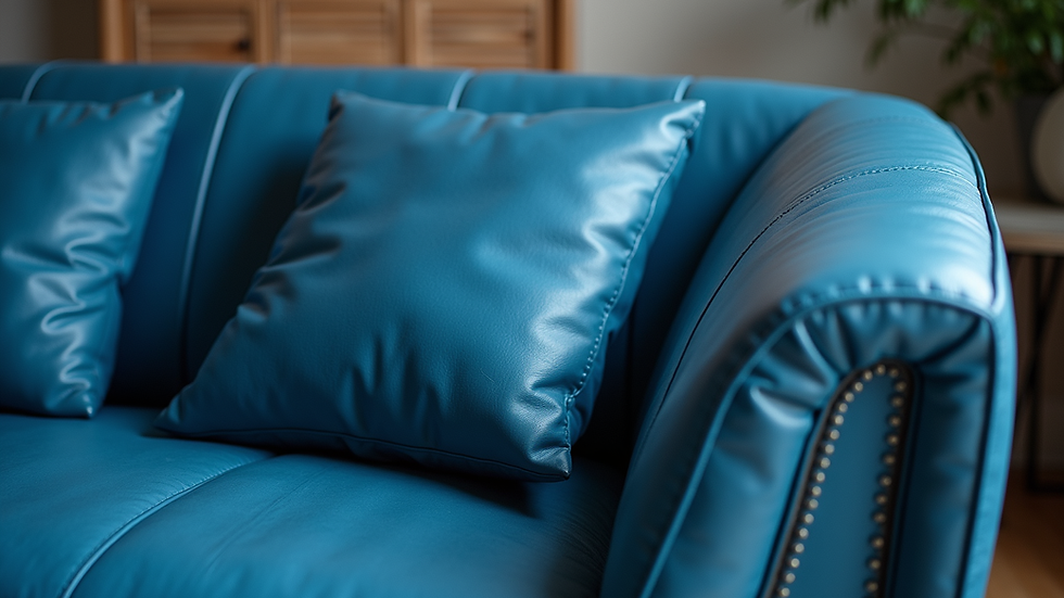 Close-up view of blue leather sofa cushions showing texture and stitching