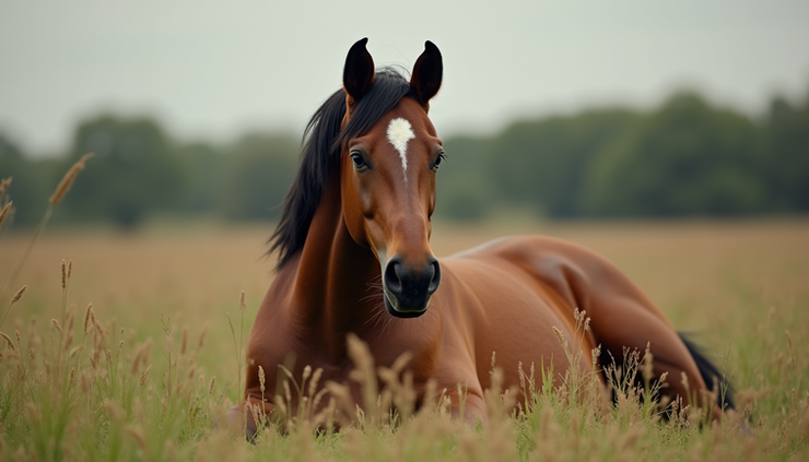Vue rapprochée d'un cheval au repos dans un pré calme