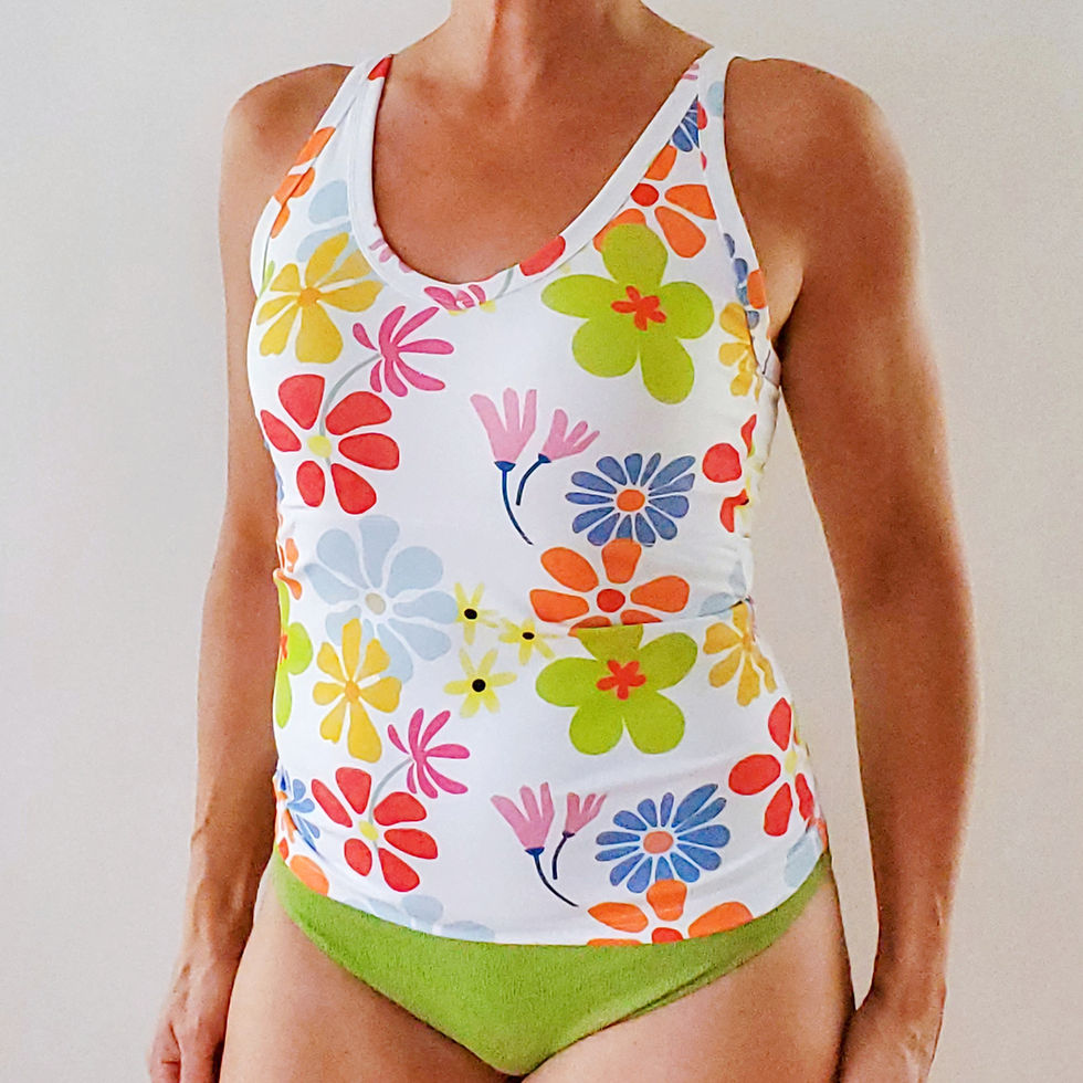 the busted tank poly pocketed mastectomy compression camisole top and swimwear retro floral