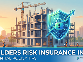 Construction site at sunset with workers and crane. A large shield symbol with a lock represents protection. Text: Builders Risk Insurance in CT.