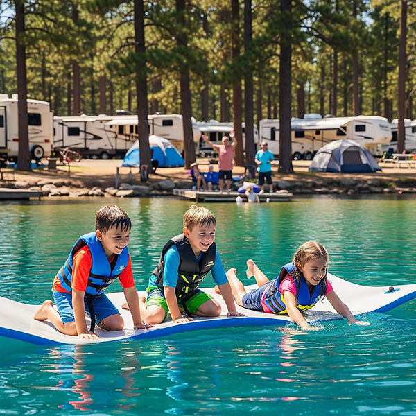 Children enjoying floating lily pad mats at Lake Walter F George with parental supervision