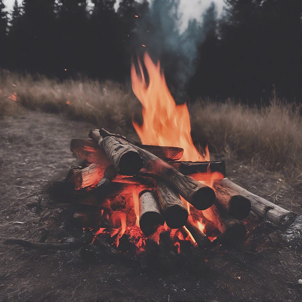 A large campfire is burning brightly in a grassy field at dusk or night. The fire is made of several logs stacked on top of each other, with orange and red flames reaching high into the air. Embers glow at the base of the fire. The surrounding grass and a dark forest in the background are out of focus, highlighting the warmth and light of the fire.