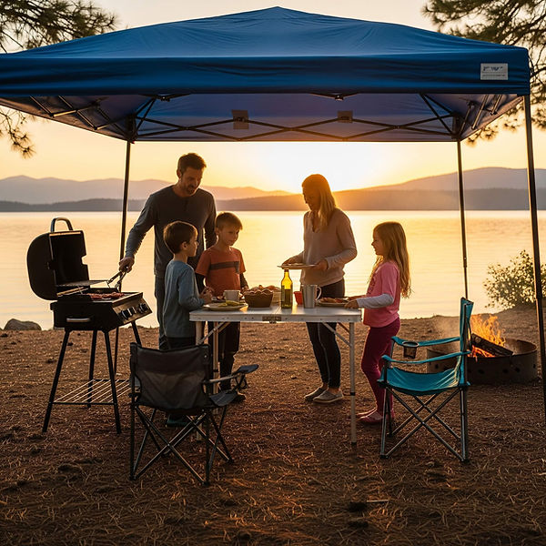 family dining at folding table rental during Georgia lake camping trip