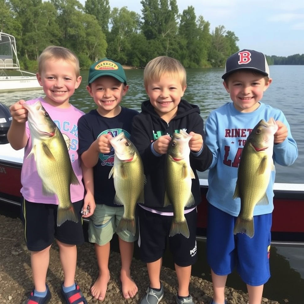 Kids holding up fresh-caught bass at the lake shore — big smiles, proud moment, boat or do.jpg