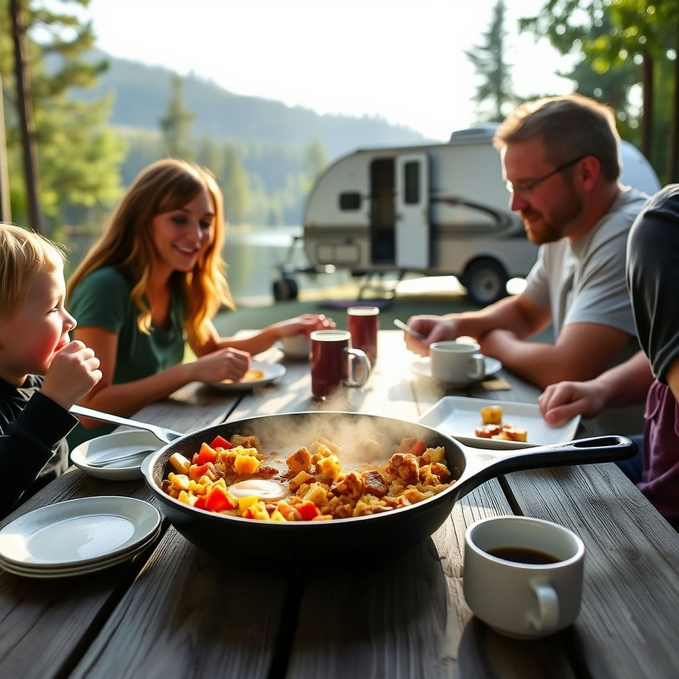 Family enjoying breakfast outdoors with a skillet on a wooden table. Camper and trees in the background; warm, cheerful atmosphere.