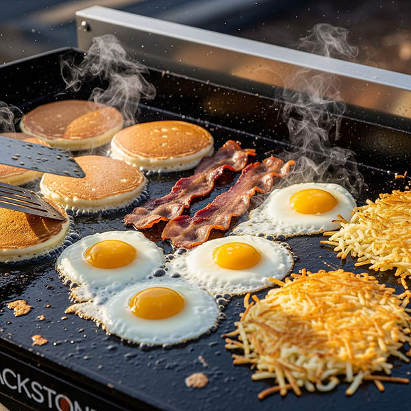 Multiple breakfast items cooking simultaneously on Blackstone griddle for family camping