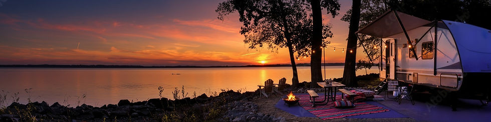 A scenic panoramic photograph shows a camper parked on a shoreline next to a large, calm lake at sunset. The sky is a gradient of deep blue to soft orange and yellow, with a few wispy clouds. The sun is a bright spot on the horizon, casting a shimmering reflection across the water. On the right side of the image, the camper is silhouetted against the bright sky, its awning extended. A picnic table and two benches sit on a concrete pad in front of the camper. The foreground is a rocky shoreline, with some low-lying green plants. The overall scene is peaceful and serene, with the dark silhouettes of trees and the camper contrasting with the vibrant colors of the sky and water.