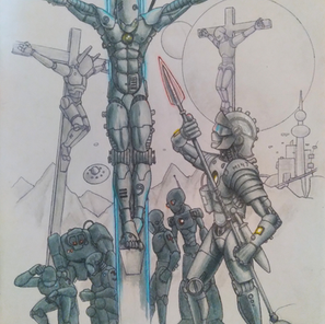 A drawing of A robot Jesus, crucified while being stabbed.