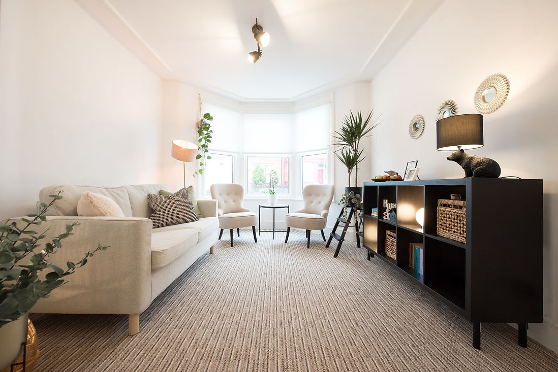 Living room with patterned carpet