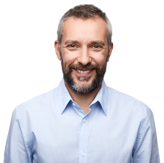 Smiling man with beard in light blue shirt