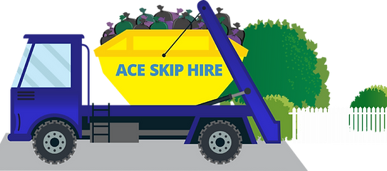 Blue skip lorry filled with rubbish on drive