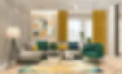 Lounge with large grey sofa and yellow curtains