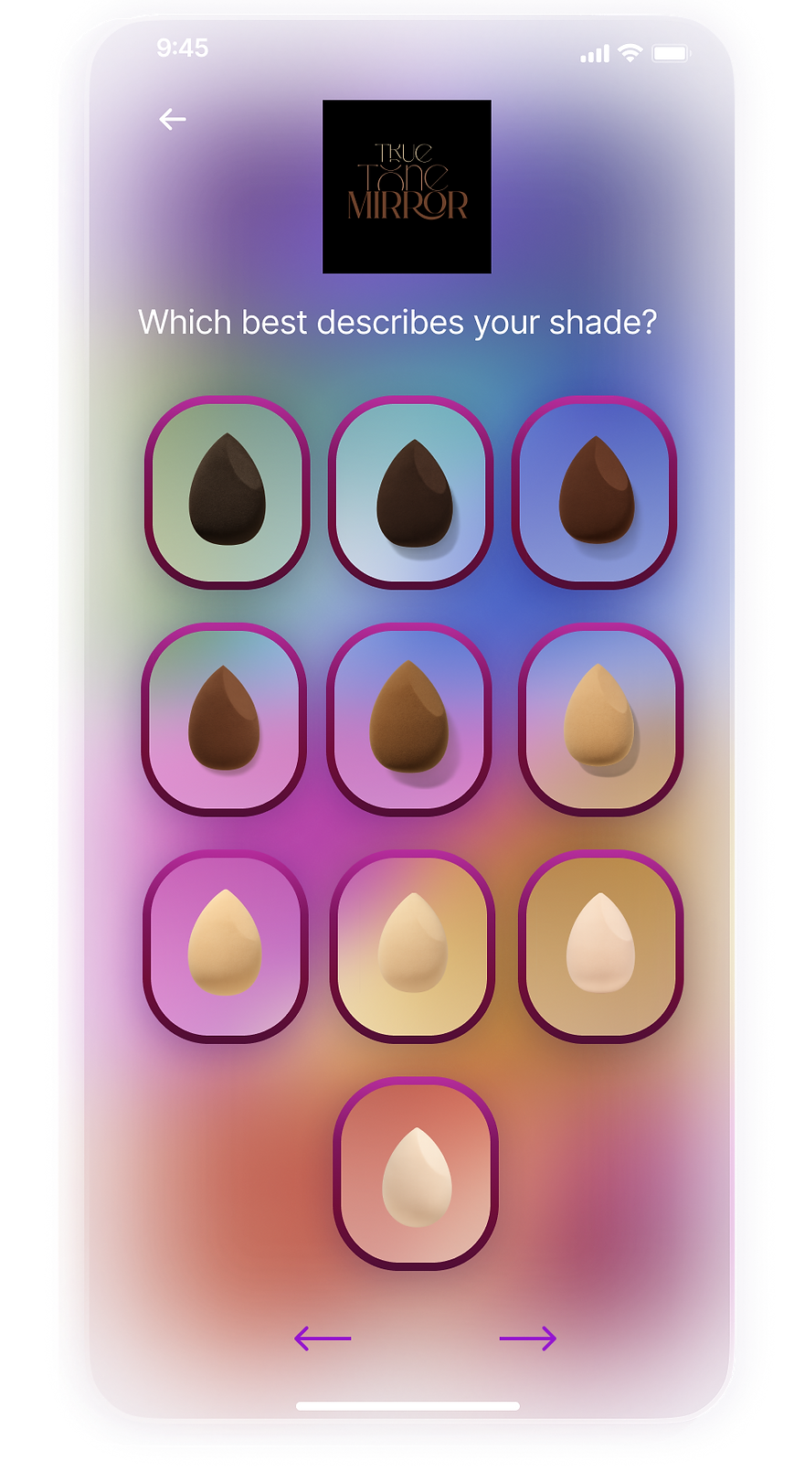 Mobile app showing skin tones, with the text 'Which best best suits your shade?'