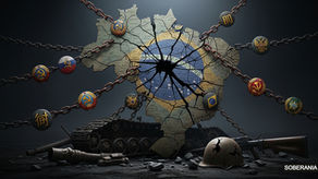 Uma ilustração simbólica de um mapa do Brasil estilhaçado, mantido unido por correntes com símbolos da Rússia e da China. Na base, estão destroços de equipamentos militares, como um capacete e um trator de esteira. A imagem tem um tom sombrio e dramático.